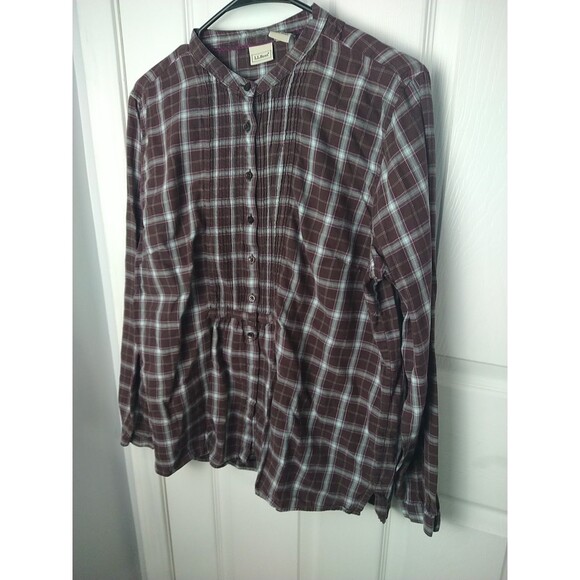 L.L. Bean Woman L Brown Plaid LS Button Front Pleated Side Slit  Shirt Casual - Picture 2 of 8